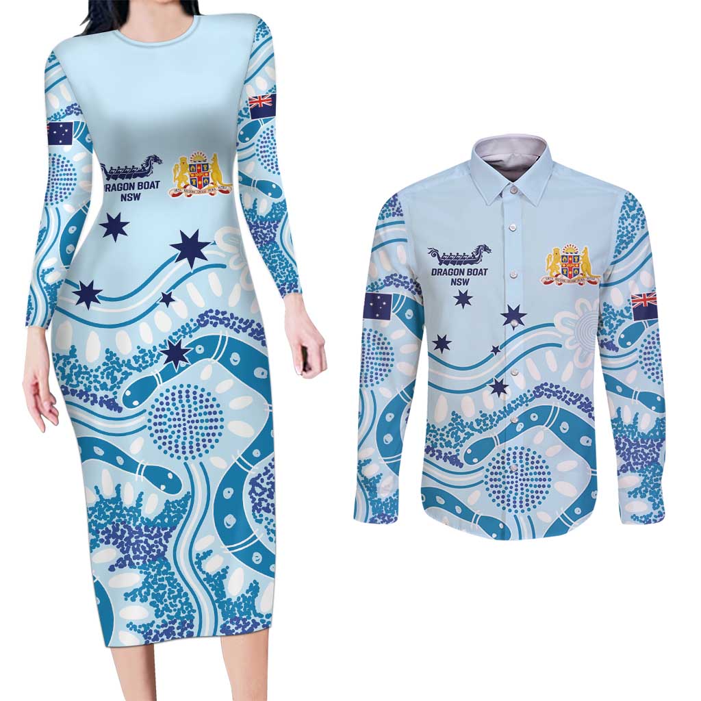Personalised Australia New South Wales Dragons Boat Couples Matching Long Sleeve Bodycon Dress and Long Sleeve Button Shirt Aussie Aboriginal Dot Style