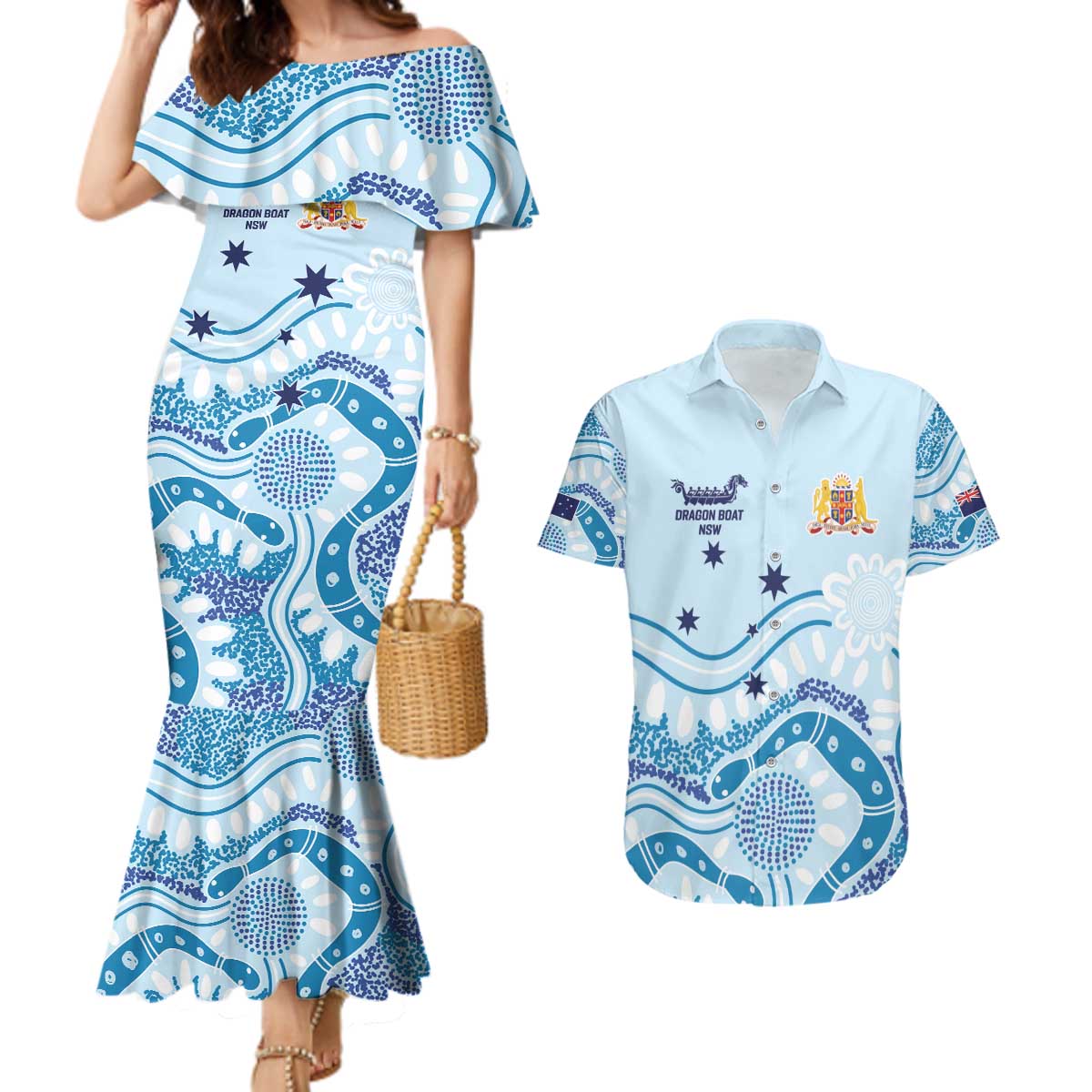 Personalised Australia New South Wales Dragons Boat Couples Matching Mermaid Dress and Hawaiian Shirt Aussie Aboriginal Dot Style