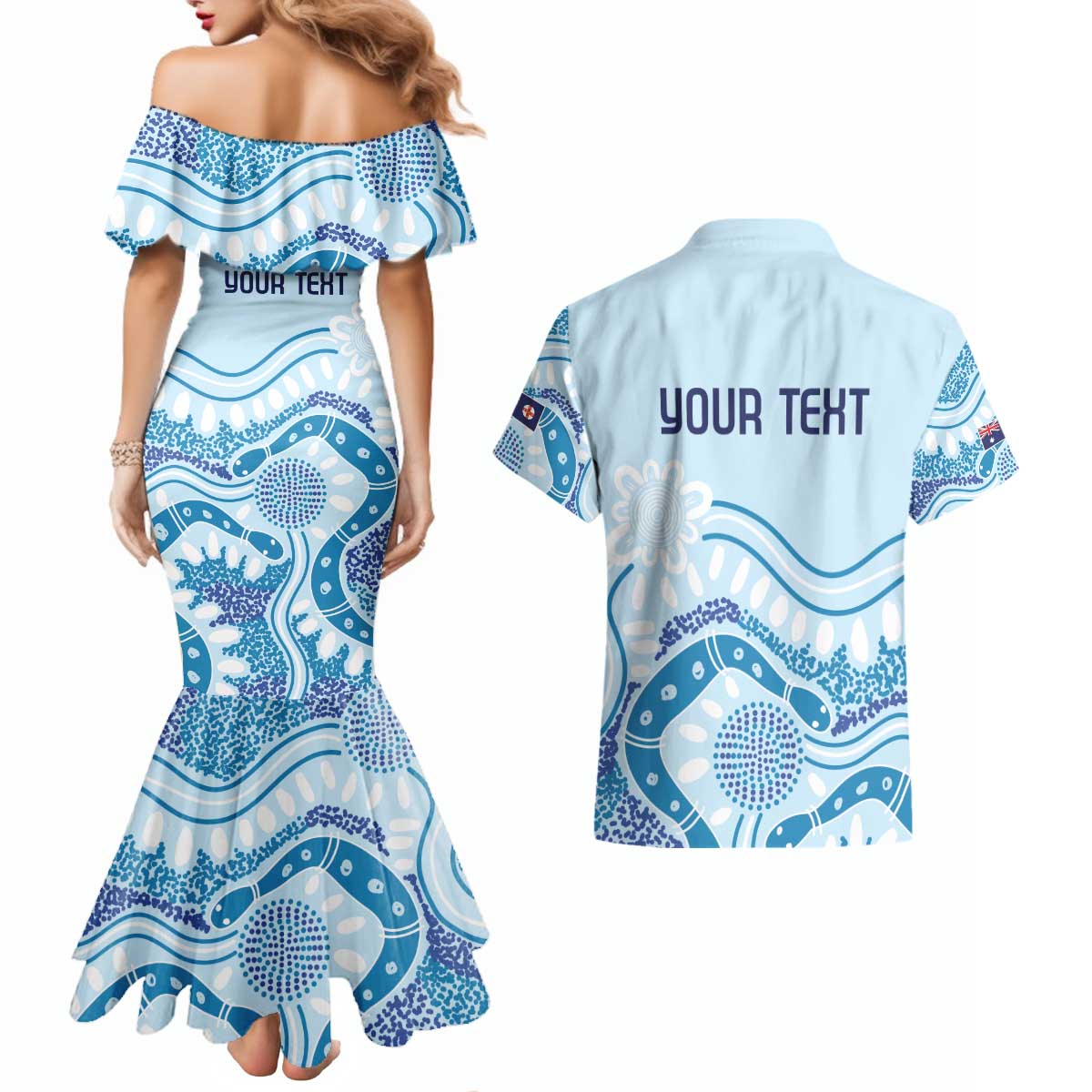 Personalised Australia New South Wales Dragons Boat Couples Matching Mermaid Dress and Hawaiian Shirt Aussie Aboriginal Dot Style