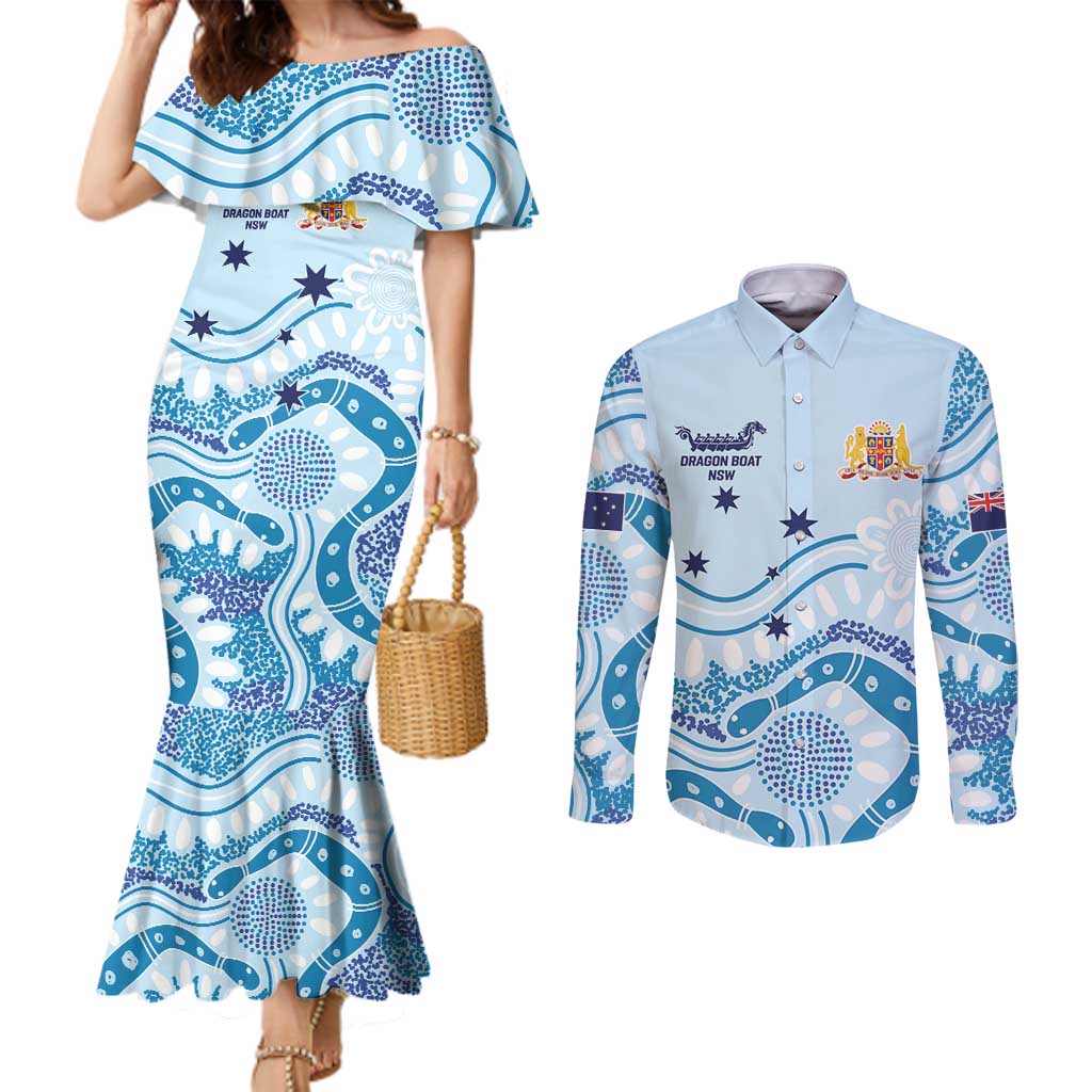 Personalised Australia New South Wales Dragons Boat Couples Matching Mermaid Dress and Long Sleeve Button Shirt Aussie Aboriginal Dot Style