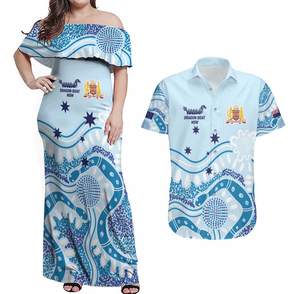 Personalised Australia New South Wales Dragons Boat Couples Matching Off Shoulder Maxi Dress and Hawaiian Shirt Aussie Aboriginal Dot Style