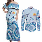 Personalised Australia New South Wales Dragons Boat Couples Matching Off Shoulder Maxi Dress and Long Sleeve Button Shirt Aussie Aboriginal Dot Style