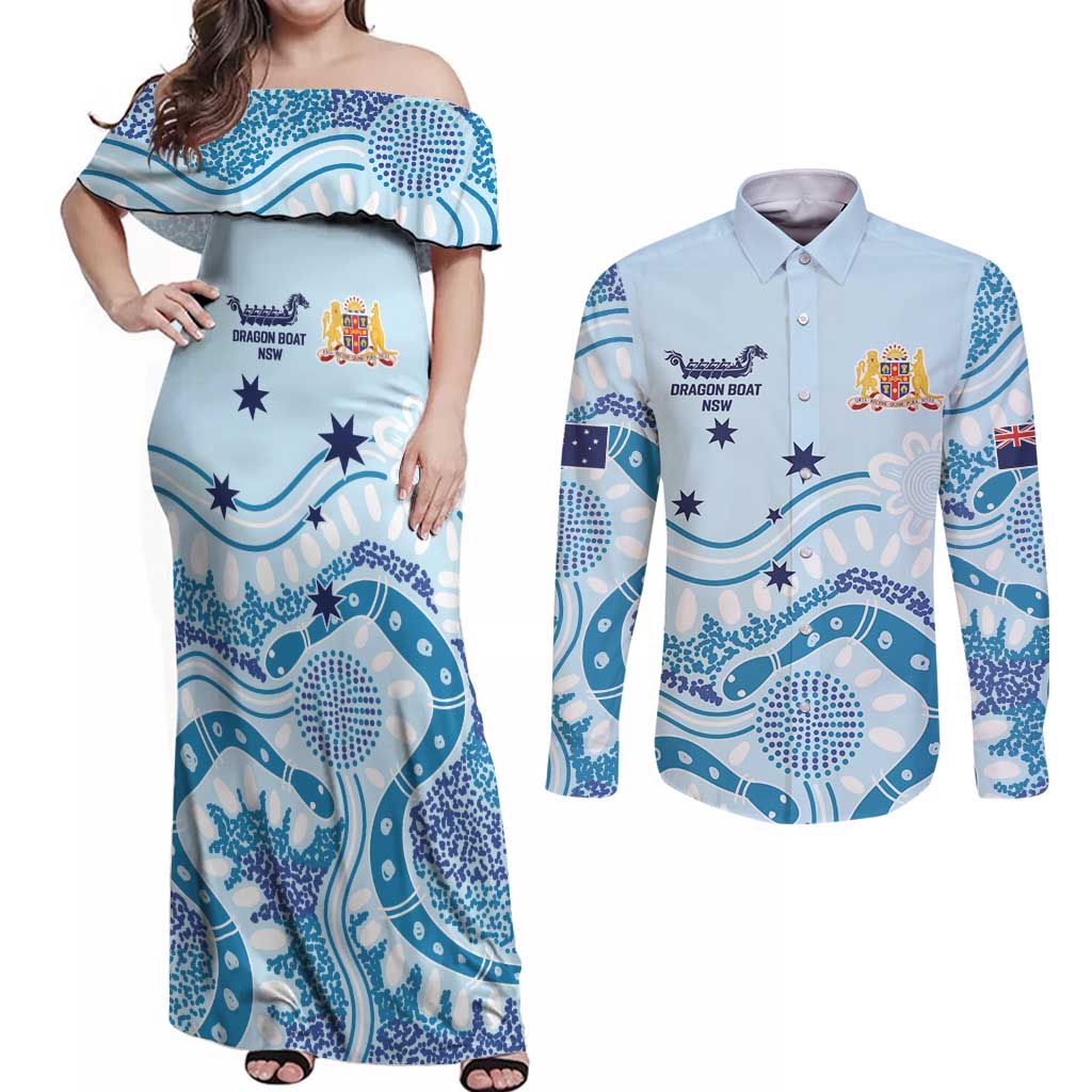 Personalised Australia New South Wales Dragons Boat Couples Matching Off Shoulder Maxi Dress and Long Sleeve Button Shirt Aussie Aboriginal Dot Style