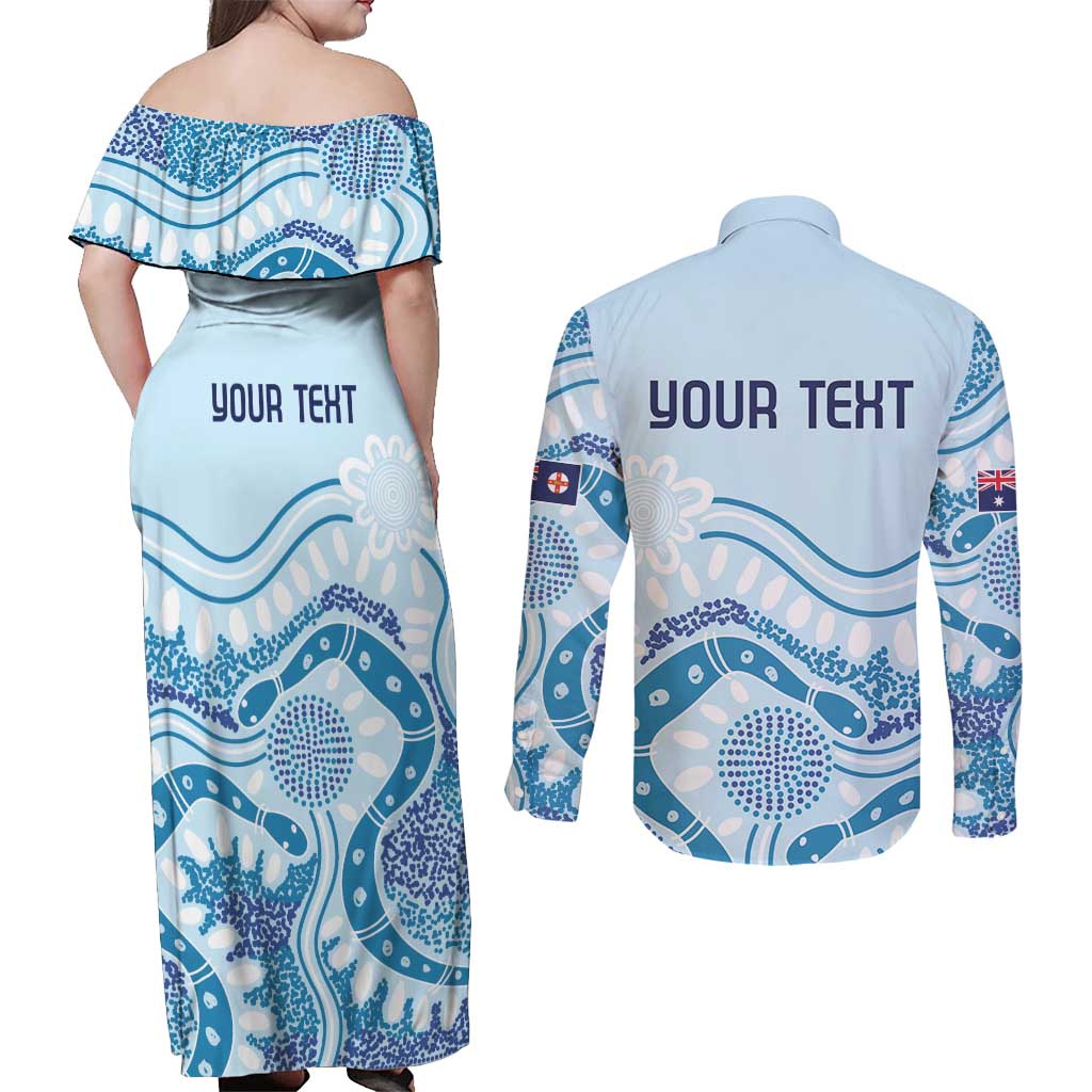 Personalised Australia New South Wales Dragons Boat Couples Matching Off Shoulder Maxi Dress and Long Sleeve Button Shirt Aussie Aboriginal Dot Style