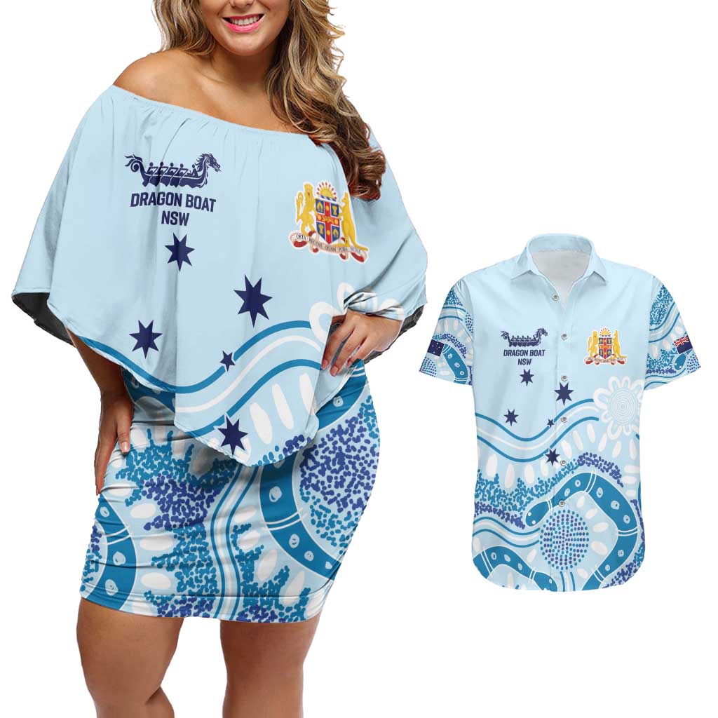 Personalised Australia New South Wales Dragons Boat Couples Matching Off Shoulder Short Dress and Hawaiian Shirt Aussie Aboriginal Dot Style