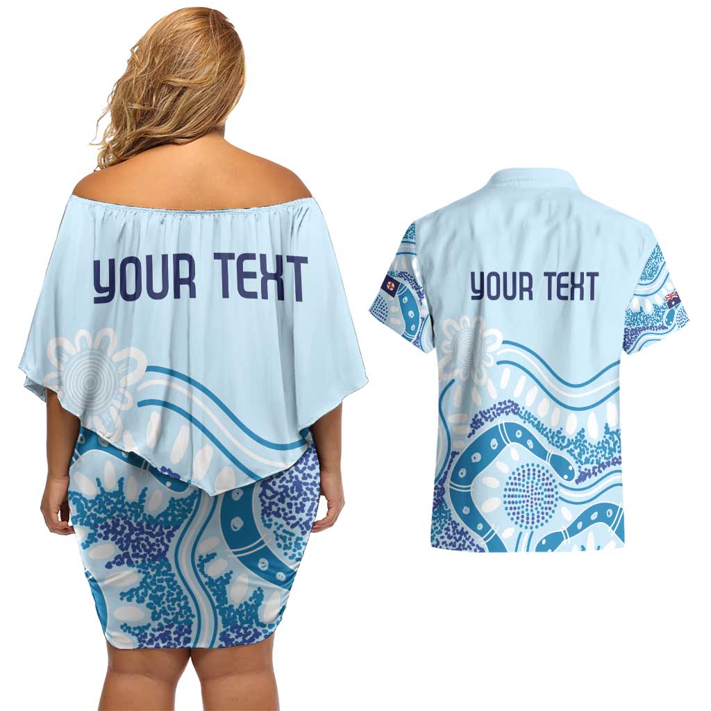 Personalised Australia New South Wales Dragons Boat Couples Matching Off Shoulder Short Dress and Hawaiian Shirt Aussie Aboriginal Dot Style