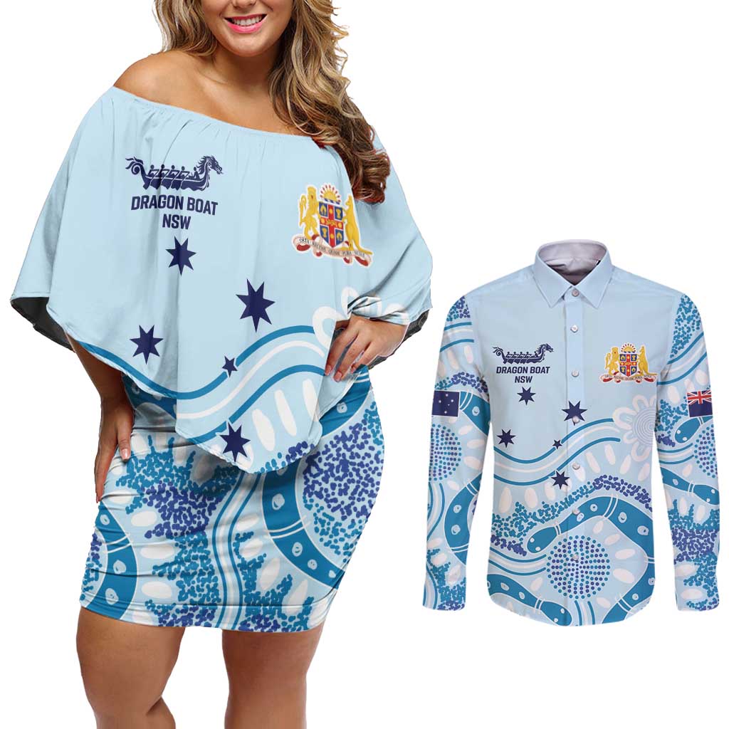 Personalised Australia New South Wales Dragons Boat Couples Matching Off Shoulder Short Dress and Long Sleeve Button Shirt Aussie Aboriginal Dot Style