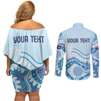 Personalised Australia New South Wales Dragons Boat Couples Matching Off Shoulder Short Dress and Long Sleeve Button Shirt Aussie Aboriginal Dot Style