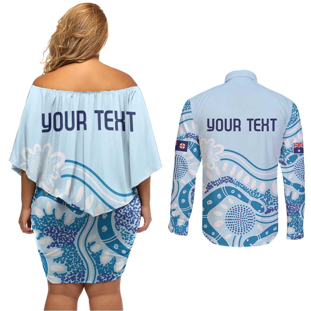 Personalised Australia New South Wales Dragons Boat Couples Matching Off Shoulder Short Dress and Long Sleeve Button Shirt Aussie Aboriginal Dot Style