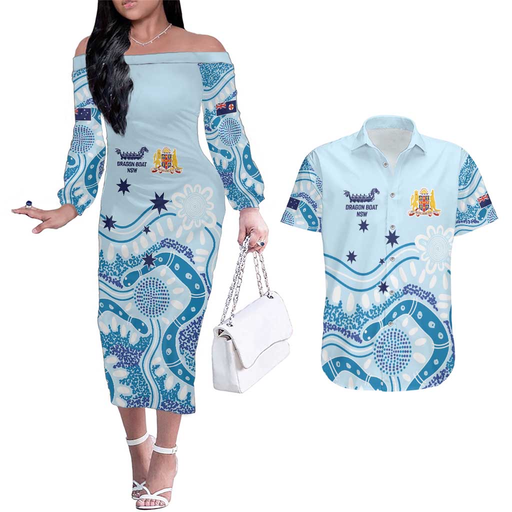 Personalised Australia New South Wales Dragons Boat Couples Matching Off The Shoulder Long Sleeve Dress and Hawaiian Shirt Aussie Aboriginal Dot Style