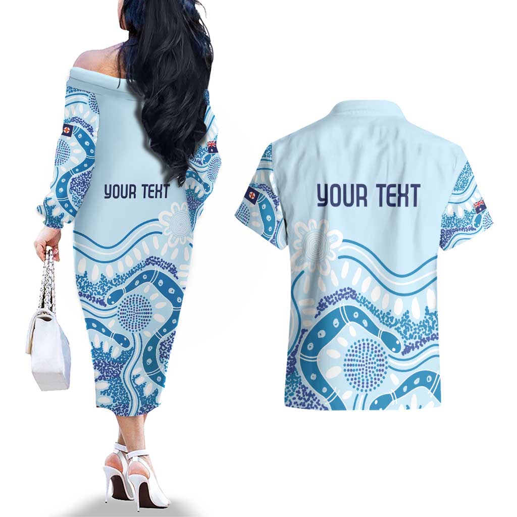 Personalised Australia New South Wales Dragons Boat Couples Matching Off The Shoulder Long Sleeve Dress and Hawaiian Shirt Aussie Aboriginal Dot Style