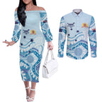Personalised Australia New South Wales Dragons Boat Couples Matching Off The Shoulder Long Sleeve Dress and Long Sleeve Button Shirt Aussie Aboriginal Dot Style