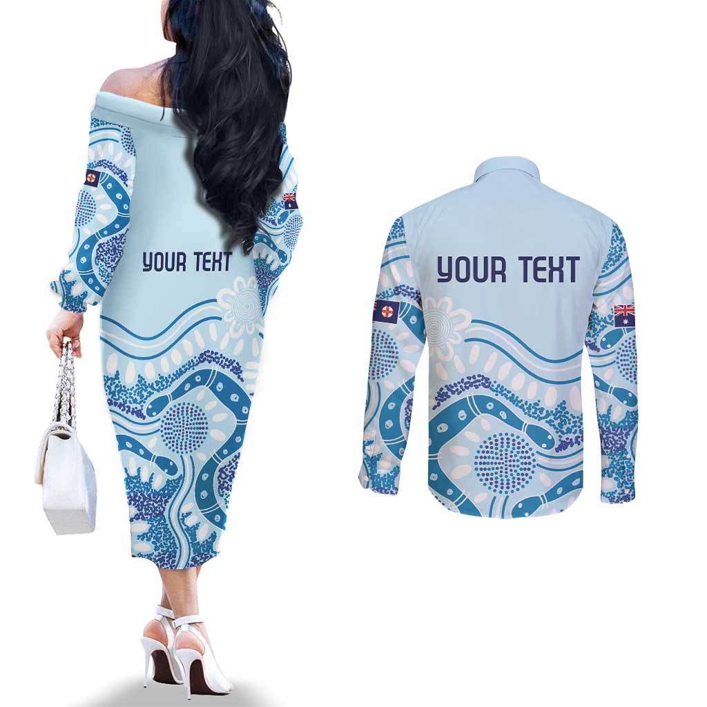 Personalised Australia New South Wales Dragons Boat Couples Matching Off The Shoulder Long Sleeve Dress and Long Sleeve Button Shirt Aussie Aboriginal Dot Style