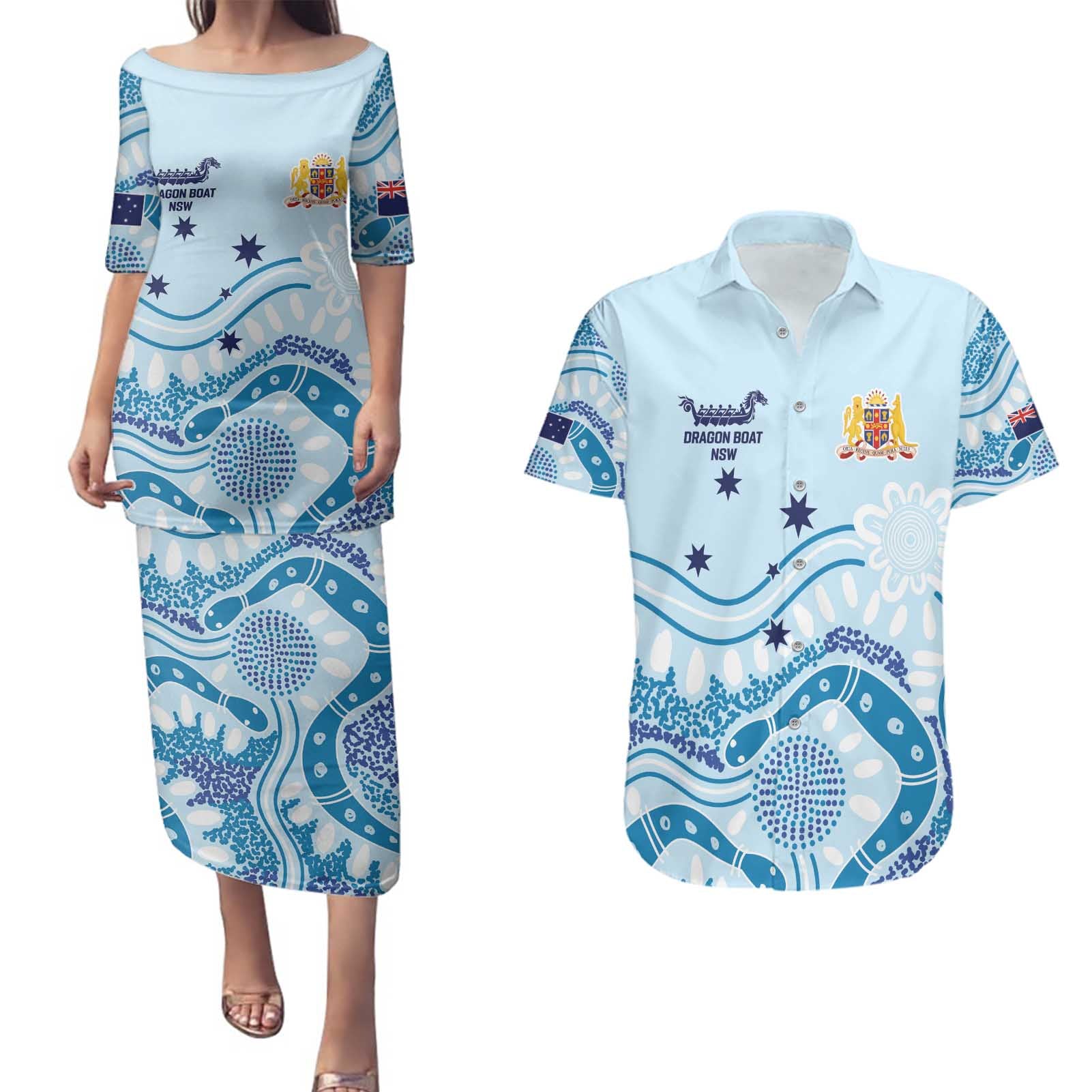 Personalised Australia New South Wales Dragons Boat Couples Matching Puletasi and Hawaiian Shirt Aussie Aboriginal Dot Style
