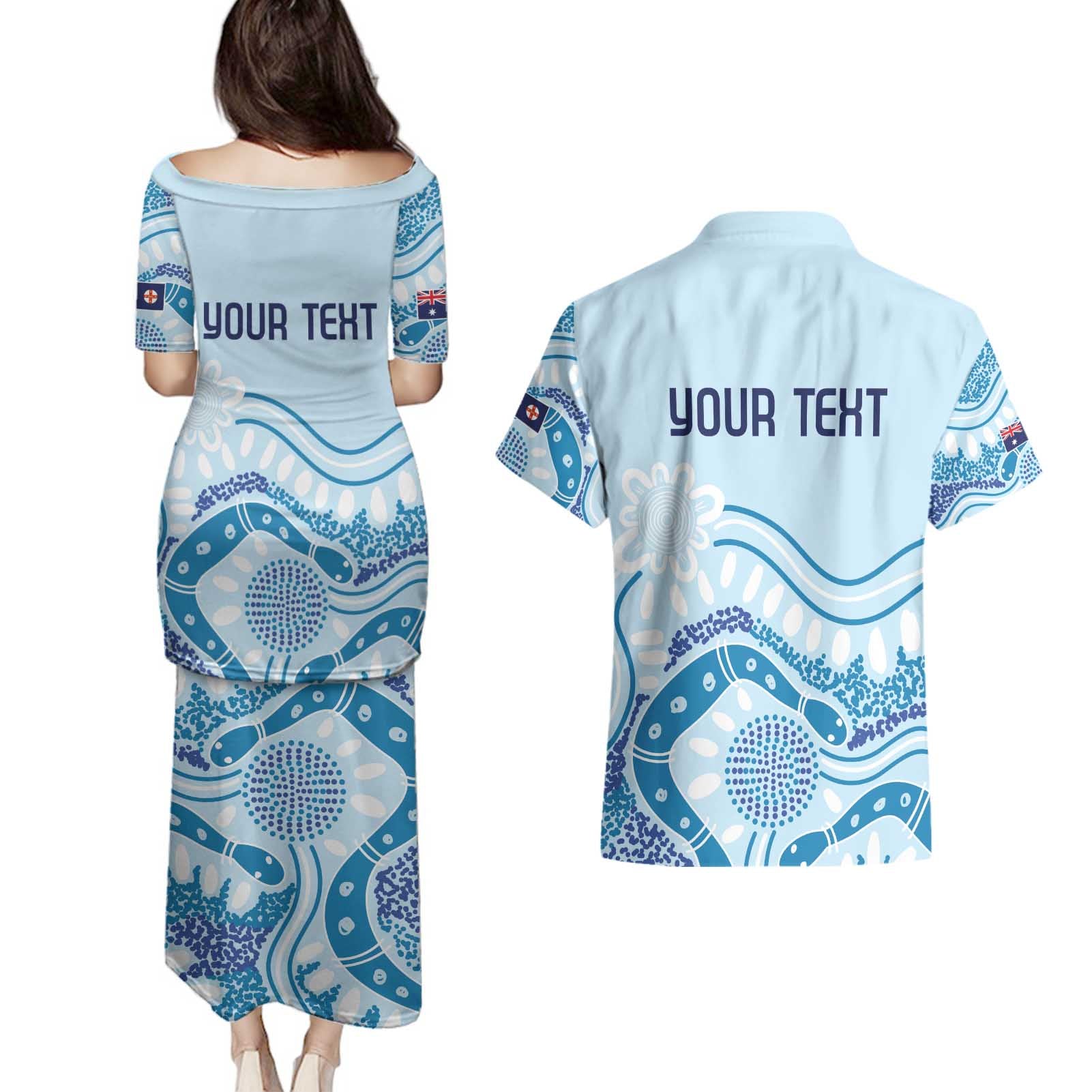 Personalised Australia New South Wales Dragons Boat Couples Matching Puletasi and Hawaiian Shirt Aussie Aboriginal Dot Style