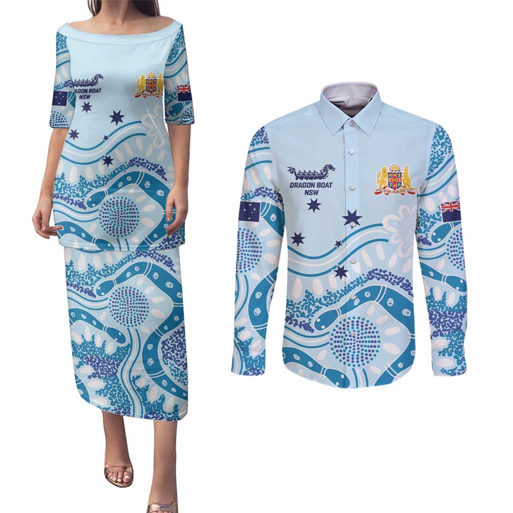 Personalised Australia New South Wales Dragons Boat Couples Matching Puletasi and Long Sleeve Button Shirt Aussie Aboriginal Dot Style