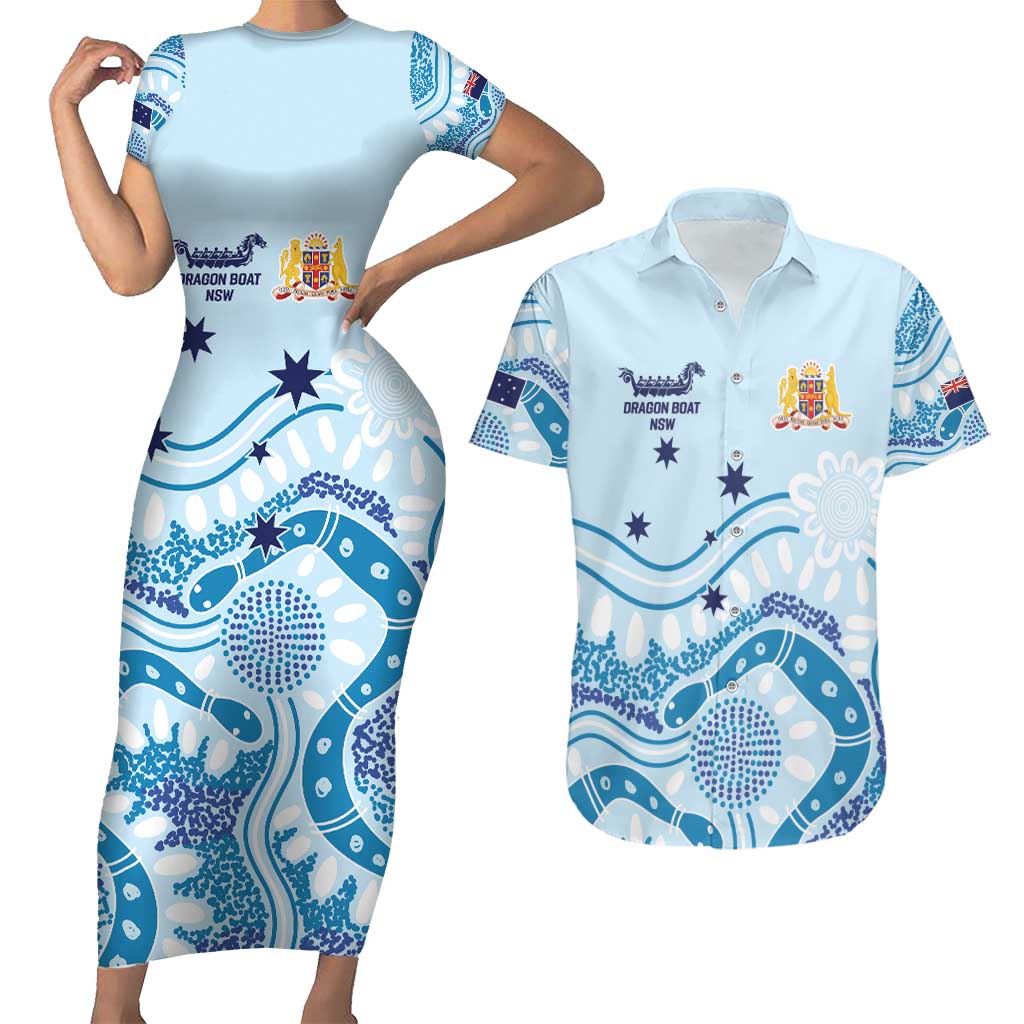 Personalised Australia New South Wales Dragons Boat Couples Matching Short Sleeve Bodycon Dress and Hawaiian Shirt Aussie Aboriginal Dot Style