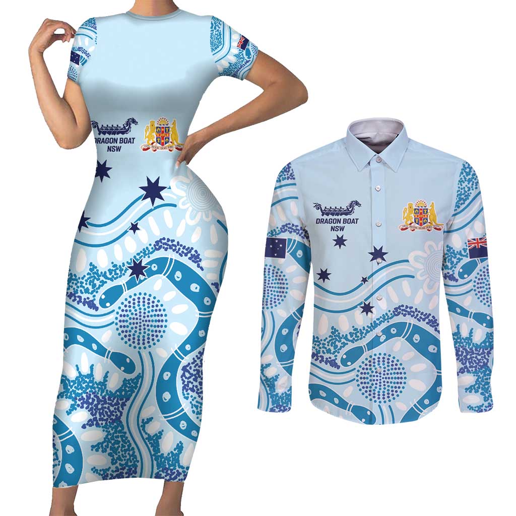 Personalised Australia New South Wales Dragons Boat Couples Matching Short Sleeve Bodycon Dress and Long Sleeve Button Shirt Aussie Aboriginal Dot Style
