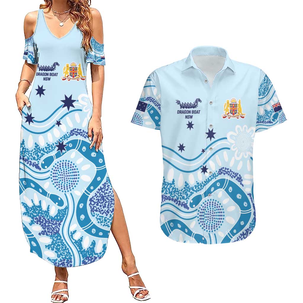 Personalised Australia New South Wales Dragons Boat Couples Matching Summer Maxi Dress and Hawaiian Shirt Aussie Aboriginal Dot Style