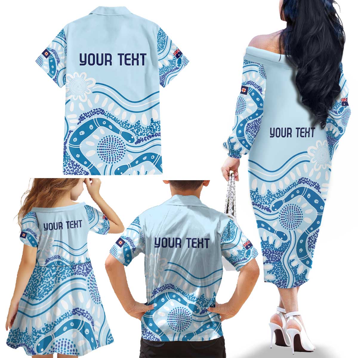 Personalised Australia New South Wales Dragons Boat Family Matching Off The Shoulder Long Sleeve Dress and Hawaiian Shirt Aussie Aboriginal Dot Style