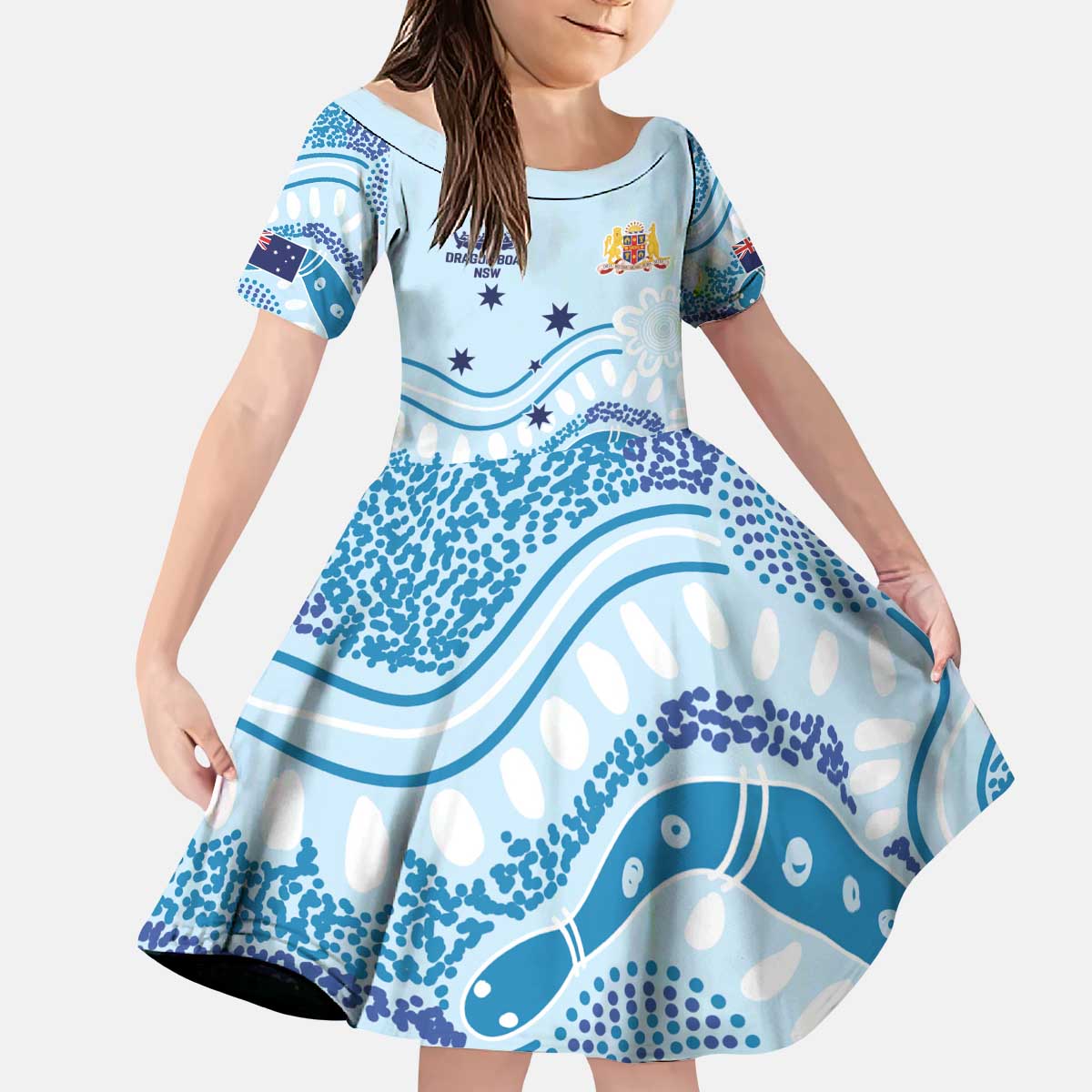 Personalised Australia New South Wales Dragons Boat Kid Short Sleeve Dress Aussie Aboriginal Dot Style