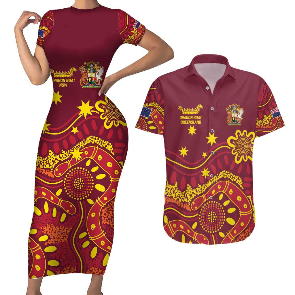 Personalised Australia Queensland Dragons Boat Couples Matching Short Sleeve Bodycon Dress and Hawaiian Shirt Aussie Aboriginal Dot Style