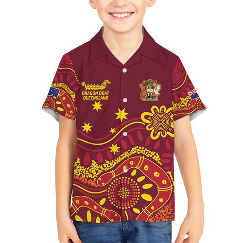 Personalised Australia Queensland Dragons Boat Family Matching Off The Shoulder Long Sleeve Dress and Hawaiian Shirt Aussie Aboriginal Dot Style