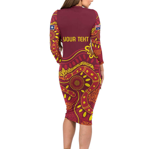 Personalised Australia Queensland Dragons Boat Long Sleeve Bodycon Dress Aussie Aboriginal Dot Style