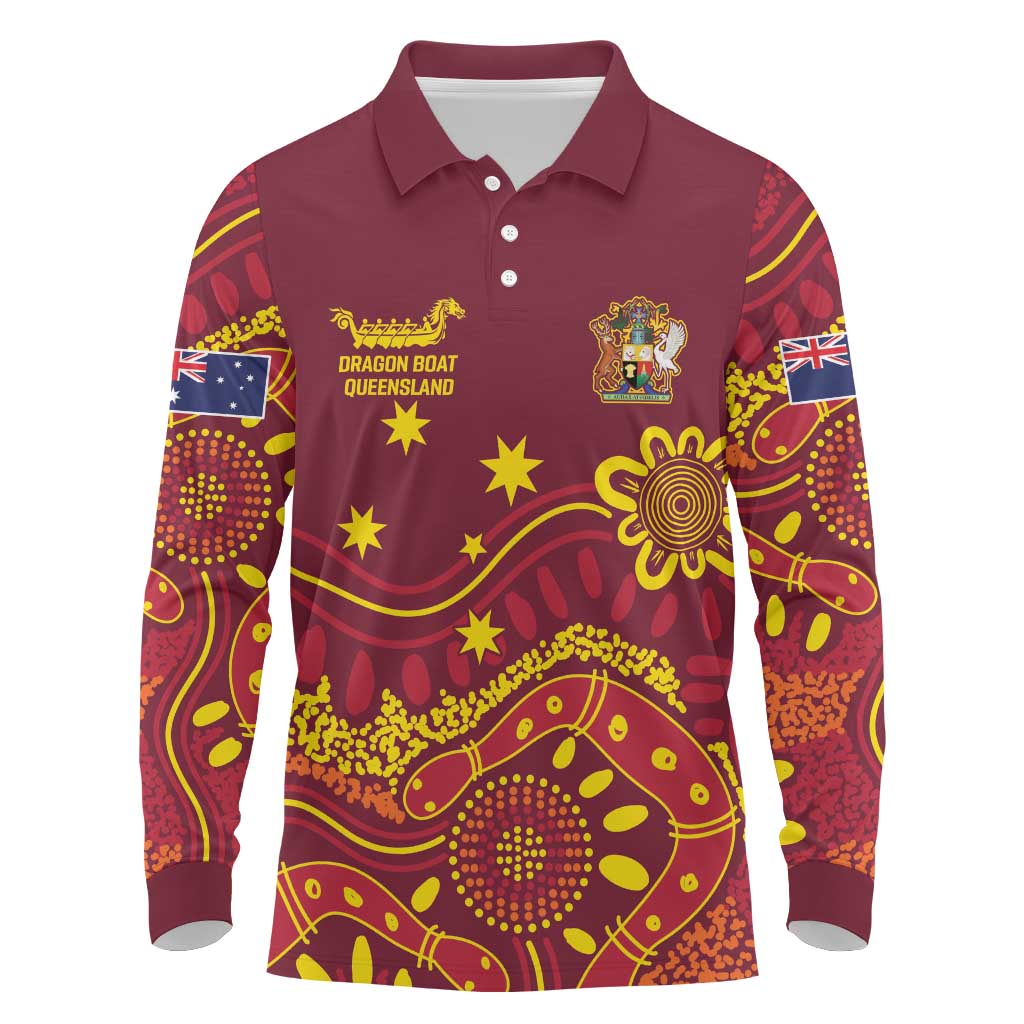 Personalised Australia Queensland Dragons Boat Long Sleeve Polo Shirt Aussie Aboriginal Dot Style