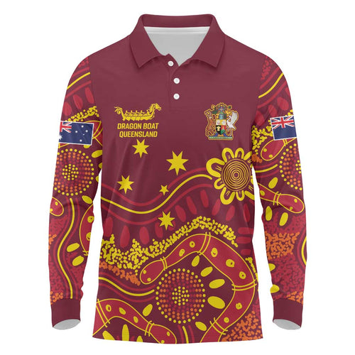 Personalised Australia Queensland Dragons Boat Long Sleeve Polo Shirt Aussie Aboriginal Dot Style