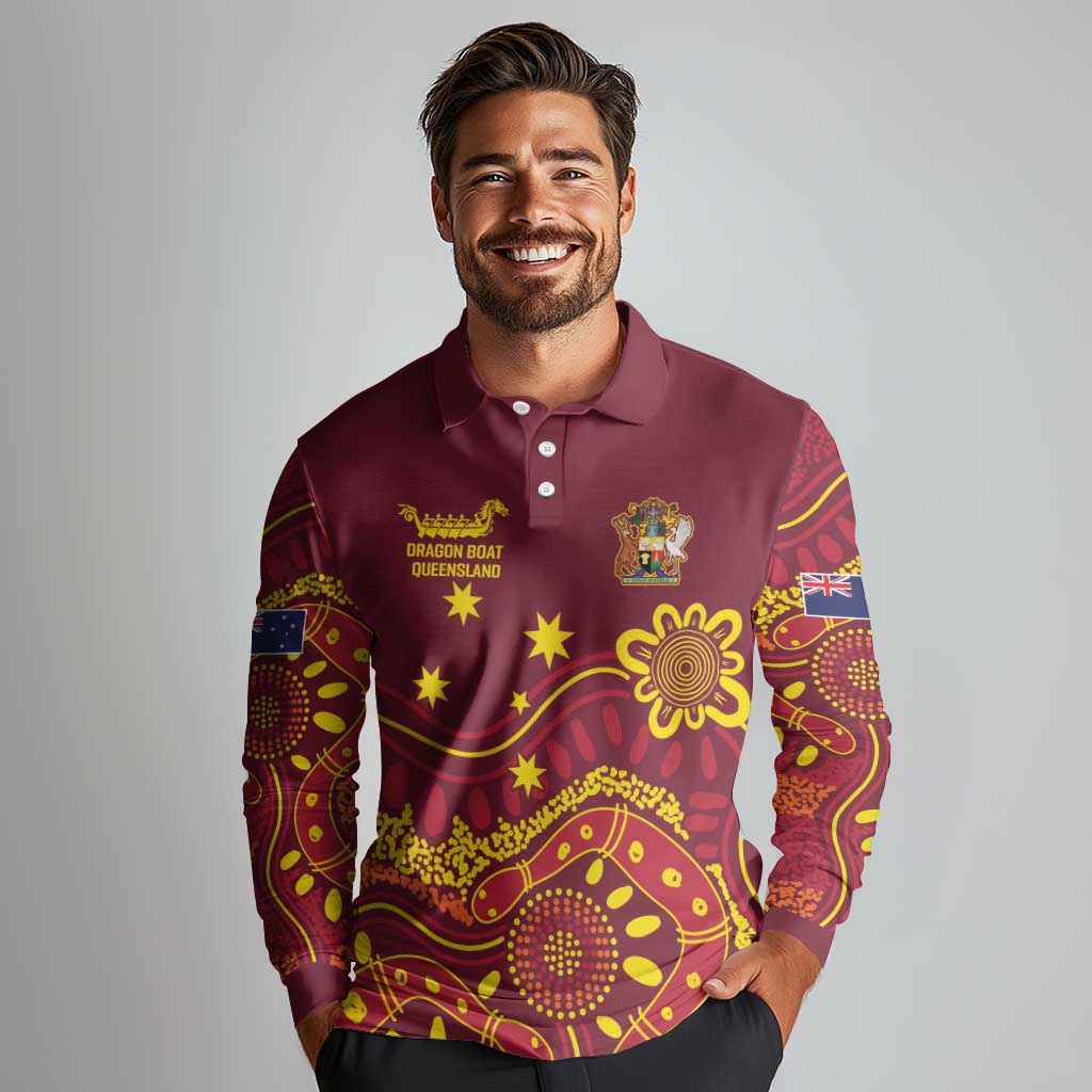 Personalised Australia Queensland Dragons Boat Long Sleeve Polo Shirt Aussie Aboriginal Dot Style