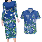 Personalised Australia Victoria Dragons Boat Couples Matching Long Sleeve Bodycon Dress and Hawaiian Shirt Aussie Aboriginal Dot Style