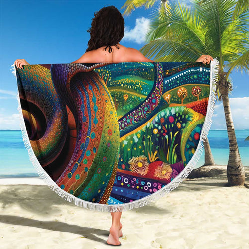 Aboriginal Dreamtime Rainbow Serpent Beach Blanket
