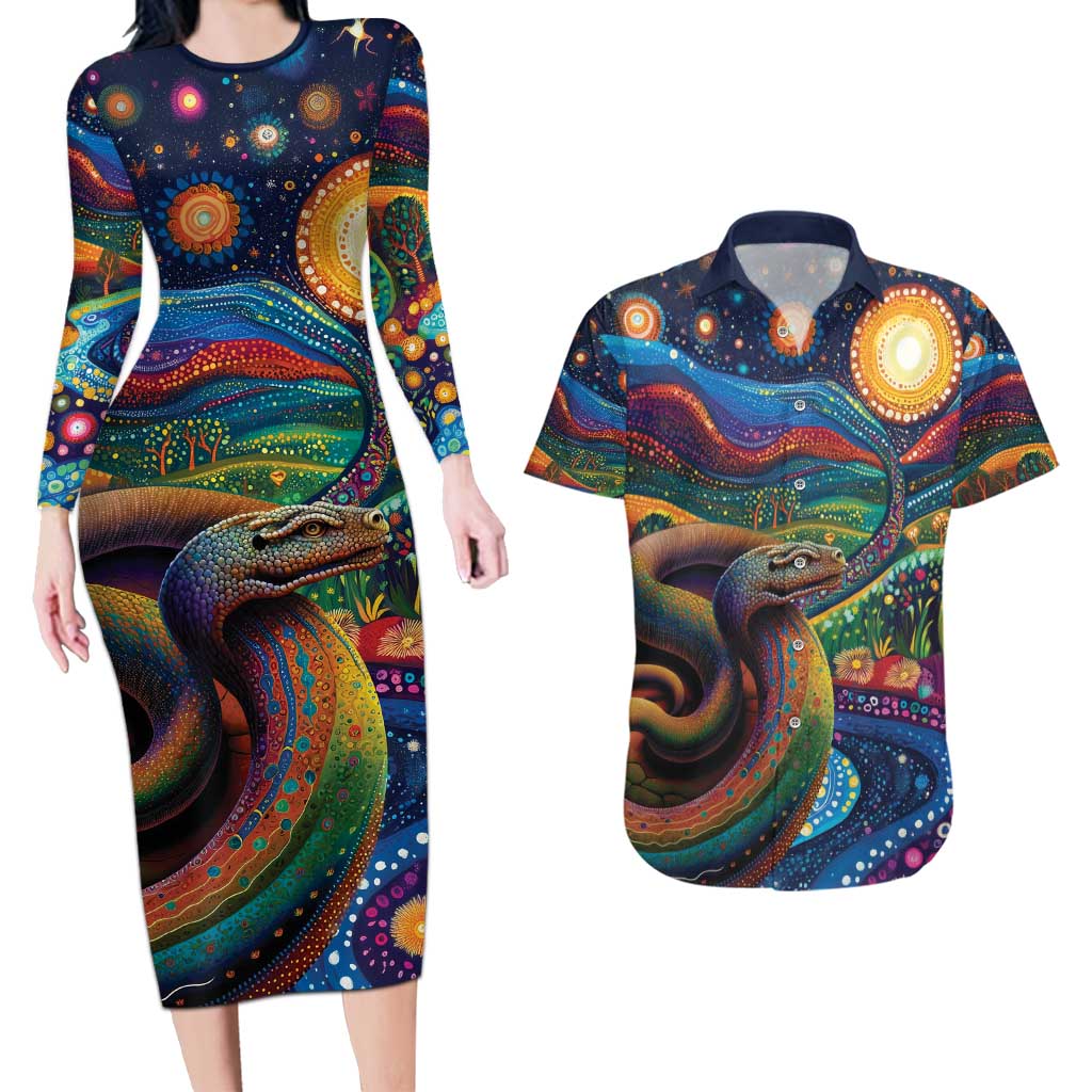 Aboriginal Dreamtime Rainbow Serpent Couples Matching Long Sleeve Bodycon Dress and Hawaiian Shirt