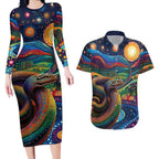 Aboriginal Dreamtime Rainbow Serpent Couples Matching Long Sleeve Bodycon Dress and Hawaiian Shirt