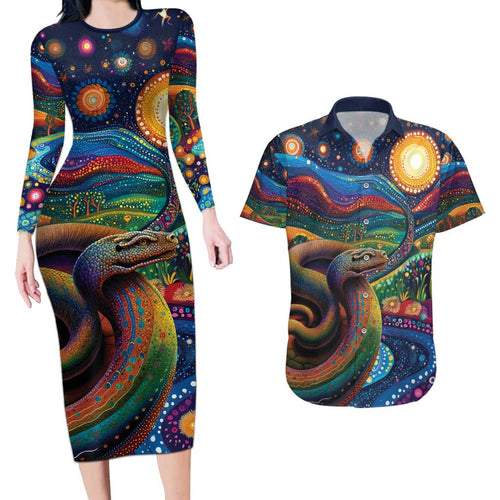 Aboriginal Dreamtime Rainbow Serpent Couples Matching Long Sleeve Bodycon Dress and Hawaiian Shirt