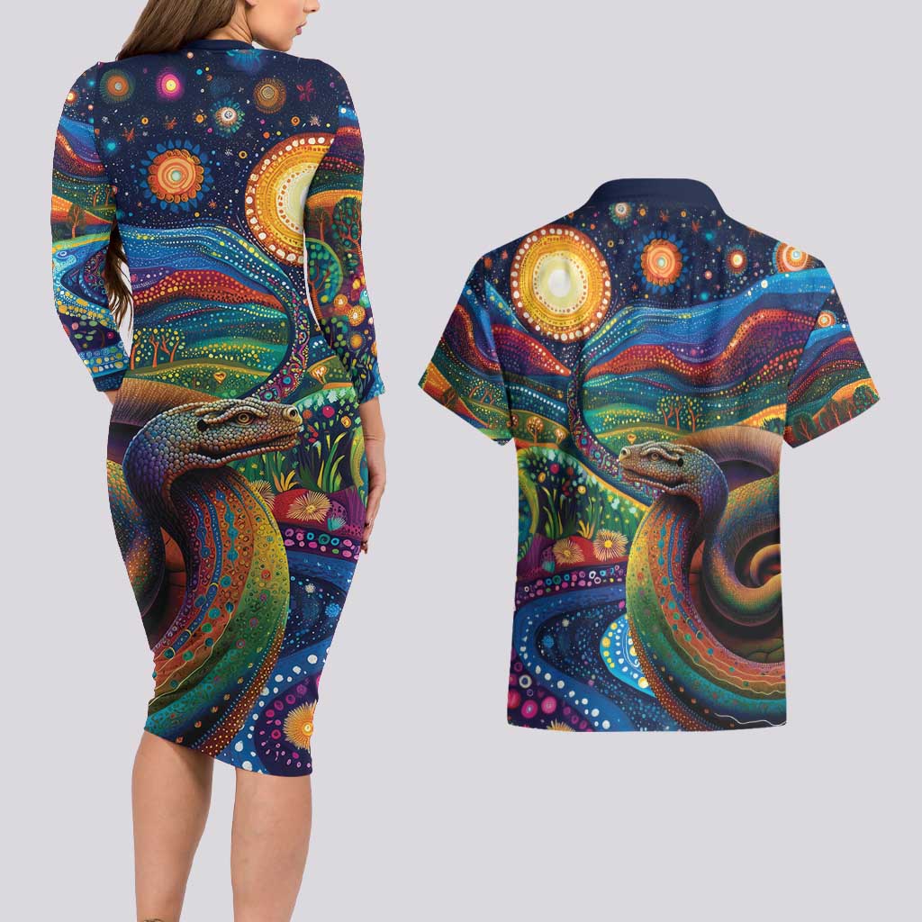 Aboriginal Dreamtime Rainbow Serpent Couples Matching Long Sleeve Bodycon Dress and Hawaiian Shirt