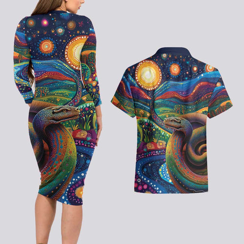 Aboriginal Dreamtime Rainbow Serpent Couples Matching Long Sleeve Bodycon Dress and Hawaiian Shirt