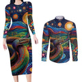 Aboriginal Dreamtime Rainbow Serpent Couples Matching Long Sleeve Bodycon Dress and Long Sleeve Button Shirt