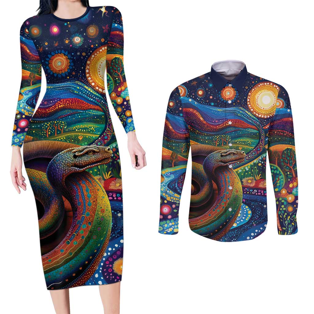 Aboriginal Dreamtime Rainbow Serpent Couples Matching Long Sleeve Bodycon Dress and Long Sleeve Button Shirt