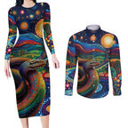 Aboriginal Dreamtime Rainbow Serpent Couples Matching Long Sleeve Bodycon Dress and Long Sleeve Button Shirt