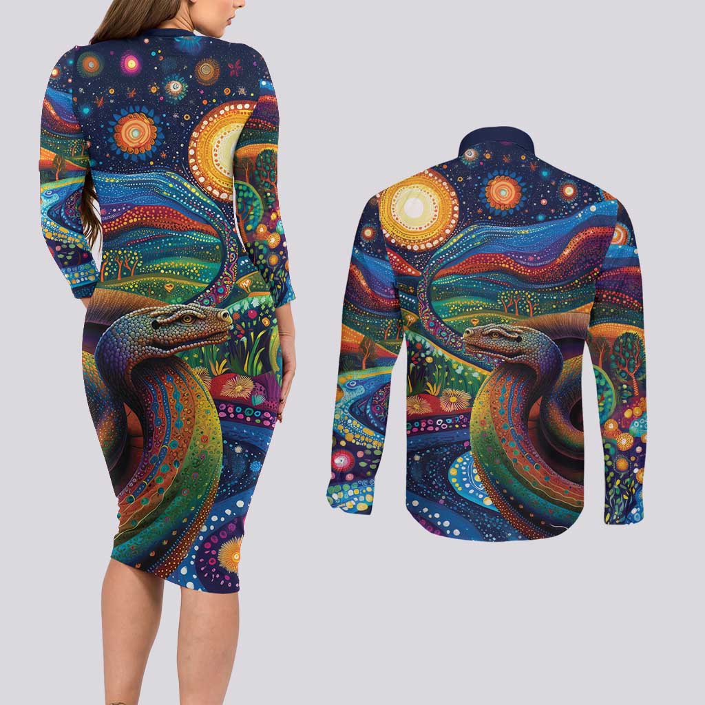 Aboriginal Dreamtime Rainbow Serpent Couples Matching Long Sleeve Bodycon Dress and Long Sleeve Button Shirt