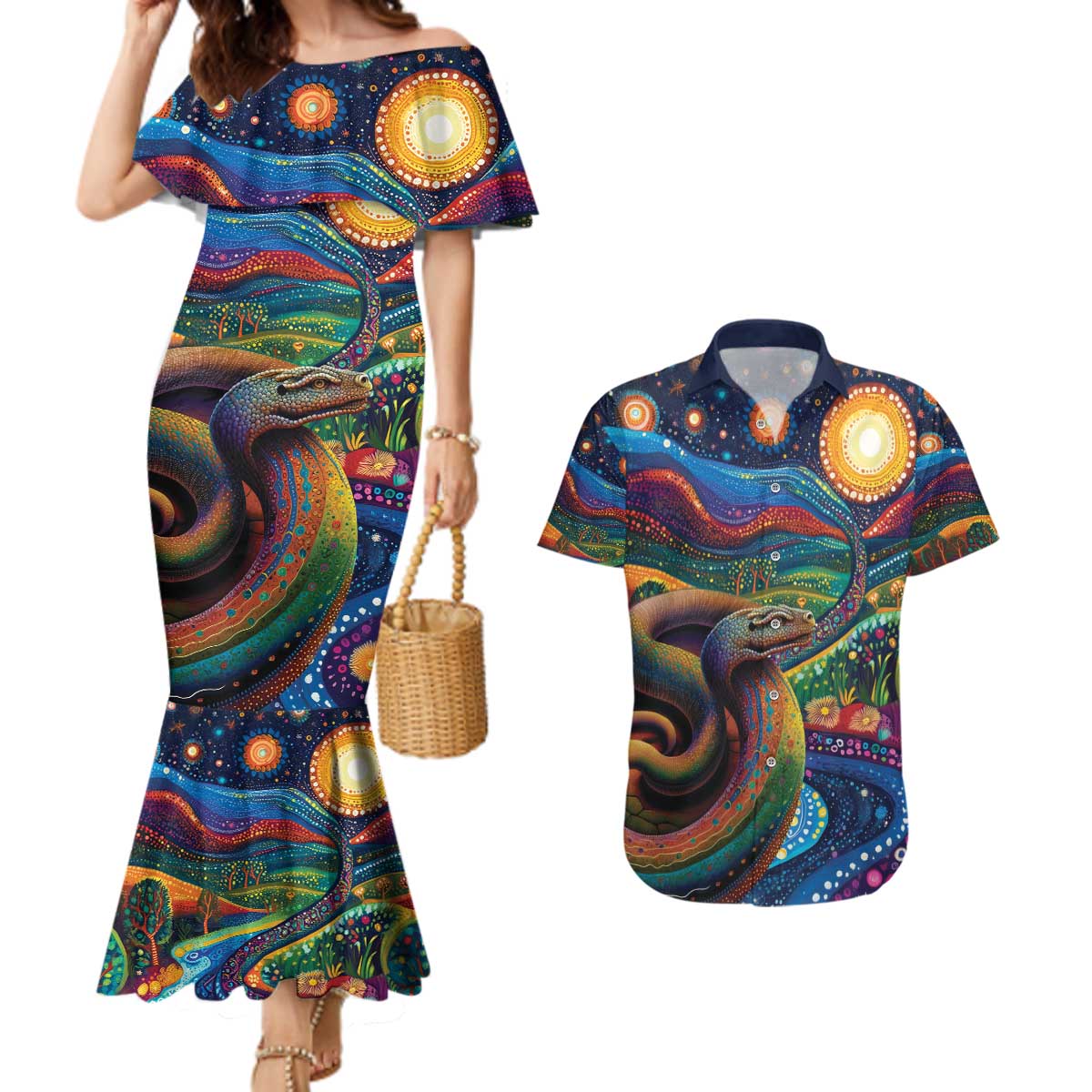 Aboriginal Dreamtime Rainbow Serpent Couples Matching Mermaid Dress and Hawaiian Shirt