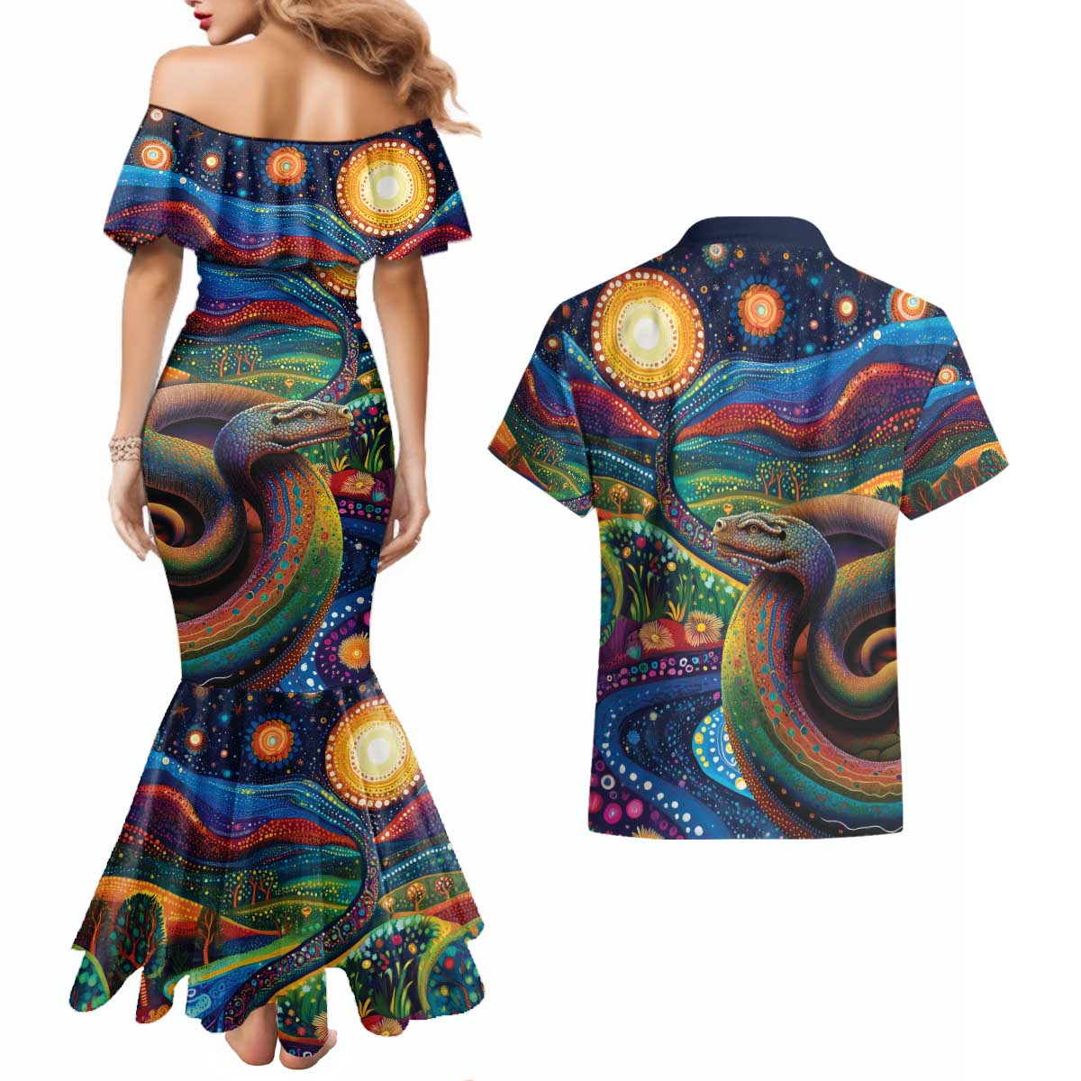 Aboriginal Dreamtime Rainbow Serpent Couples Matching Mermaid Dress and Hawaiian Shirt