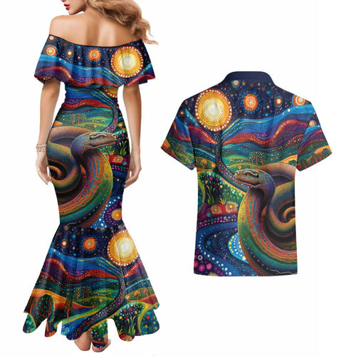 Aboriginal Dreamtime Rainbow Serpent Couples Matching Mermaid Dress and Hawaiian Shirt
