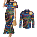 Aboriginal Dreamtime Rainbow Serpent Couples Matching Mermaid Dress and Long Sleeve Button Shirt