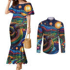 Aboriginal Dreamtime Rainbow Serpent Couples Matching Mermaid Dress and Long Sleeve Button Shirt