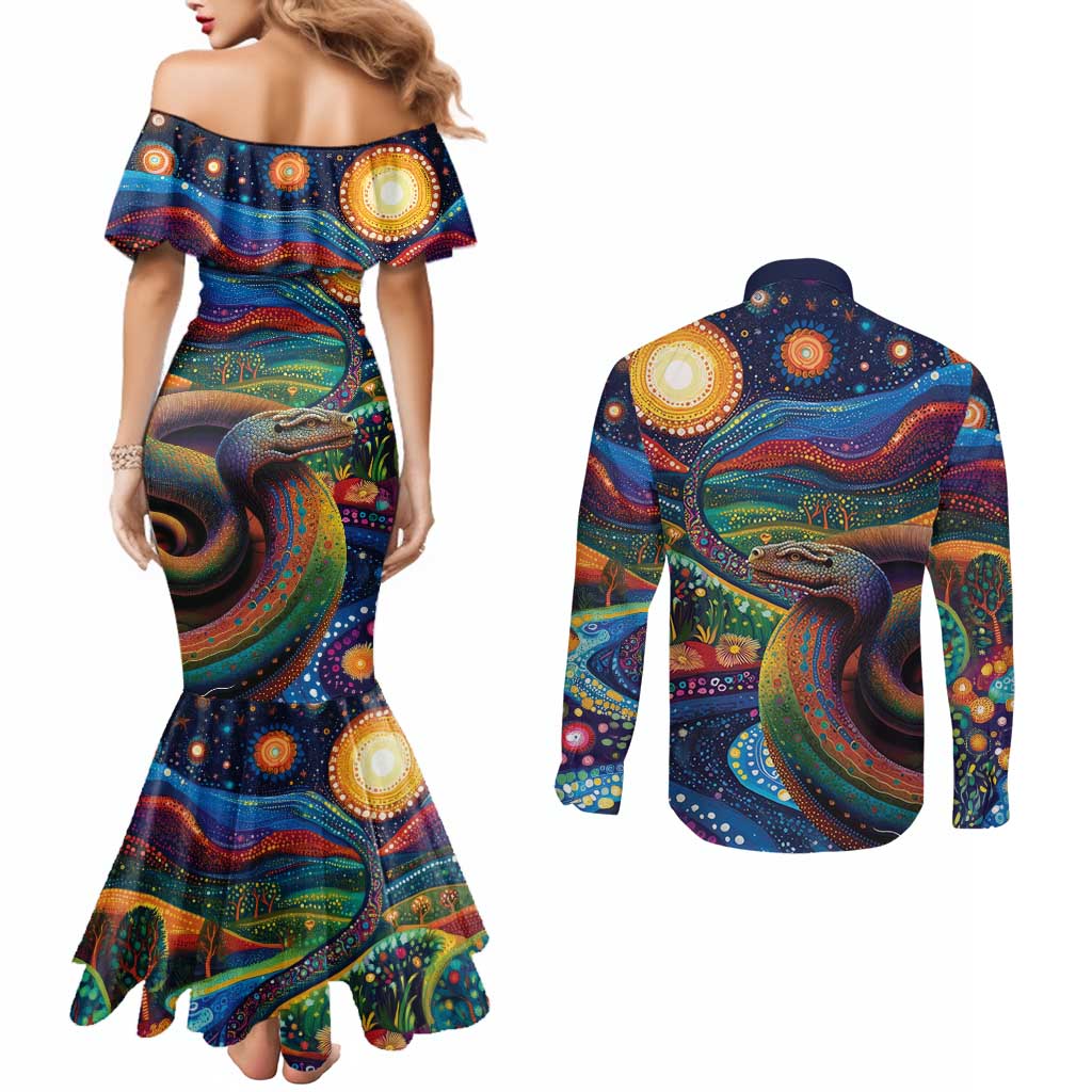 Aboriginal Dreamtime Rainbow Serpent Couples Matching Mermaid Dress and Long Sleeve Button Shirt