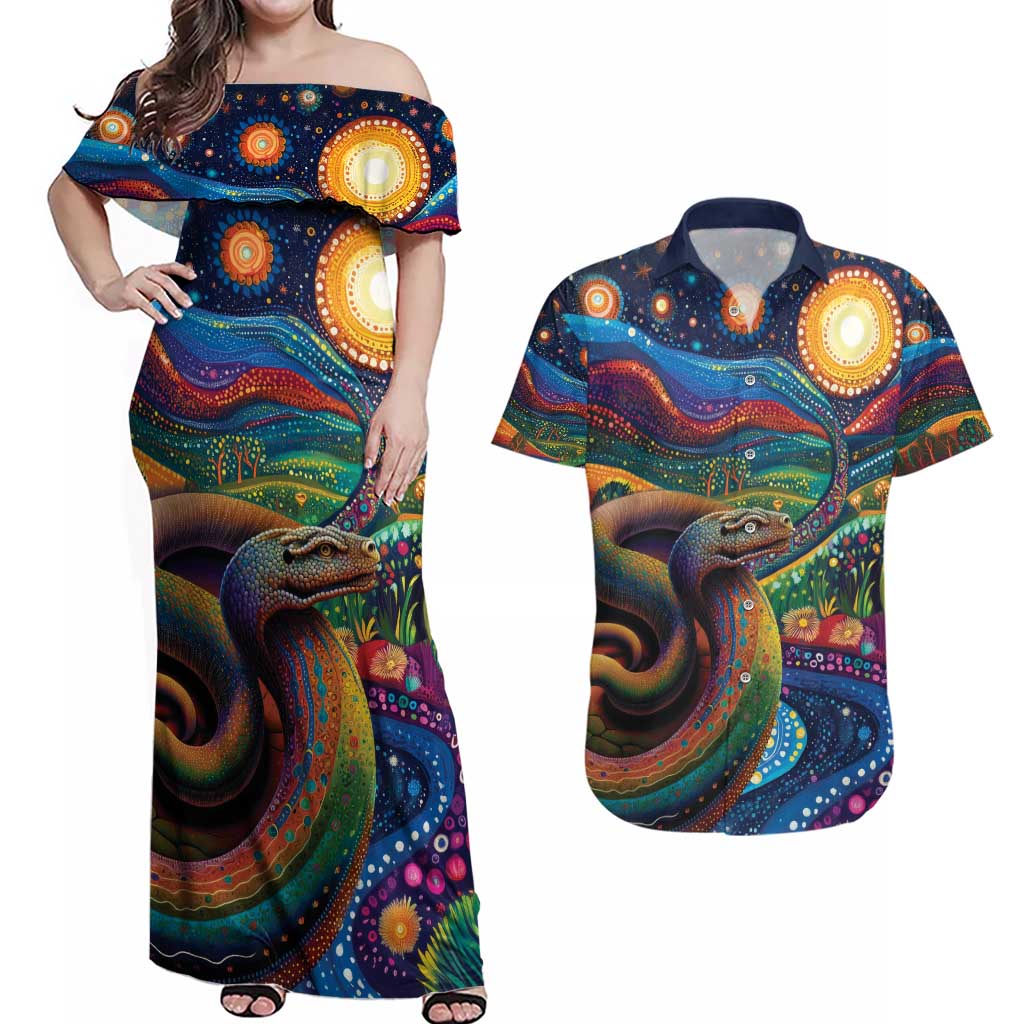 Aboriginal Dreamtime Rainbow Serpent Couples Matching Off Shoulder Maxi Dress and Hawaiian Shirt