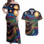 Aboriginal Dreamtime Rainbow Serpent Couples Matching Off Shoulder Maxi Dress and Hawaiian Shirt